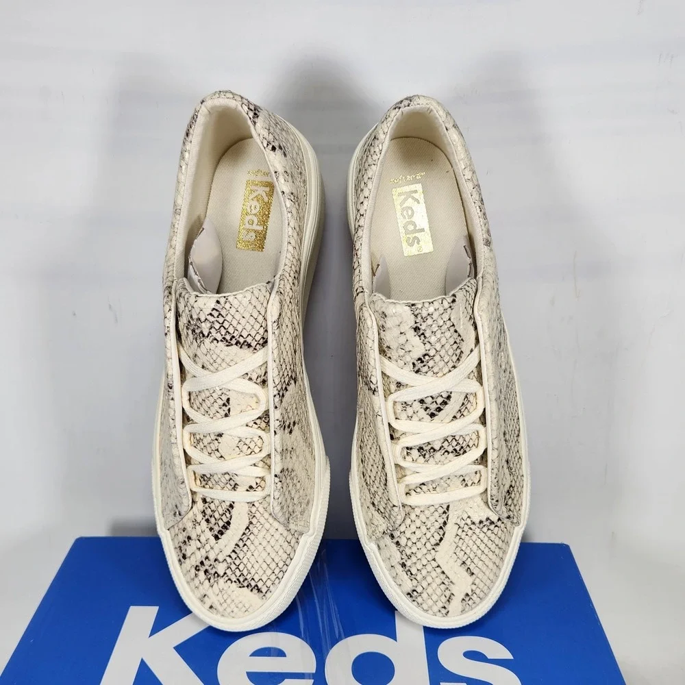 Keds Remi Leather Sneaker Womens Size 6.5 Creme Snakeskin Print Platform Shoes